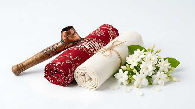 Traditional batik fabric with jasmine flowers and canting tool