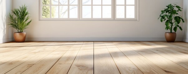 Fototapeta premium Minimalist empty room with bright natural light from a large window, highlighting the warm wooden floor and two symmetrical potted plants. A clean, modern interior canvas. Interior,