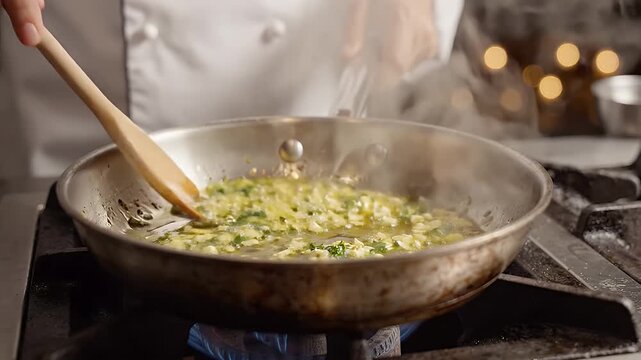 Chef Stirring Garlic and Herbs in Hot Olive Oil in Pan - A close-up shot shows a chef's hands stirring minced garlic and herbs in hot olive oil with a wooden spoon in a metal pan.