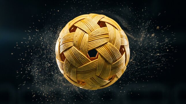 Woven sepak takraw ball spinning in midair with dust particles