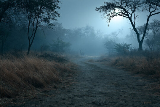 Foggy forest path with a deer nearby