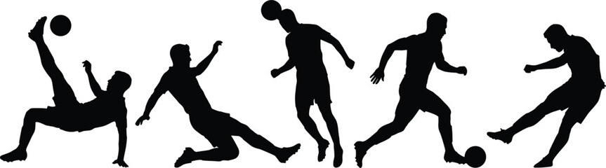 Obraz premium Soccer Player Silhouette Collection Featuring Football Actions Dribbling Kicking Freestyle Skills and Athletic Movement