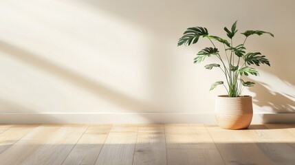 Fototapeta premium Monstera in textured pot on light wood floor against beige wall, bathed in natural diagonal sunlight with dramatic shadows. Minimalist interior concept., Home Decor, Sunlight