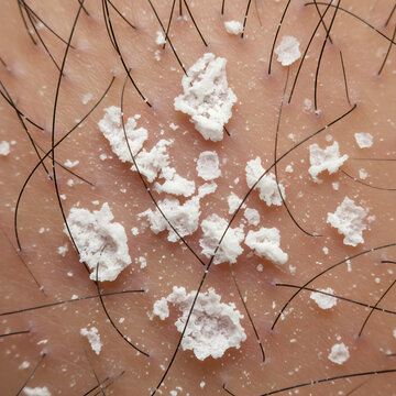 Closeup of dry scalp with flakes and hair in natural light  