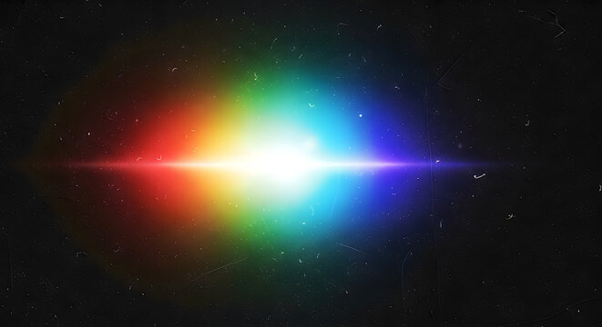 Vibrant rainbow light beam exploding in starry black space with colorful gradient
