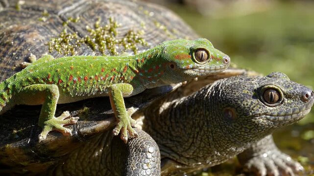 Close-up of Green Lizard Resting on Turtle Shell - A vibrant green gecko with red spots sits on the textured shell of a turtle.