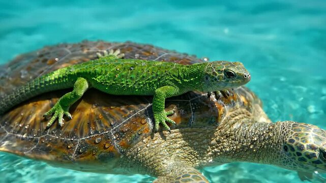 Green Lizard Rests on Turtle Shell in Tropical Water - A close-up shot captures a vibrant green lizard perched on the shell of a sea turtle as it swims in clear, turquoise water.