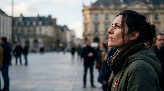 Pensive woman wearing orange ribbon in a crowded european city plaza