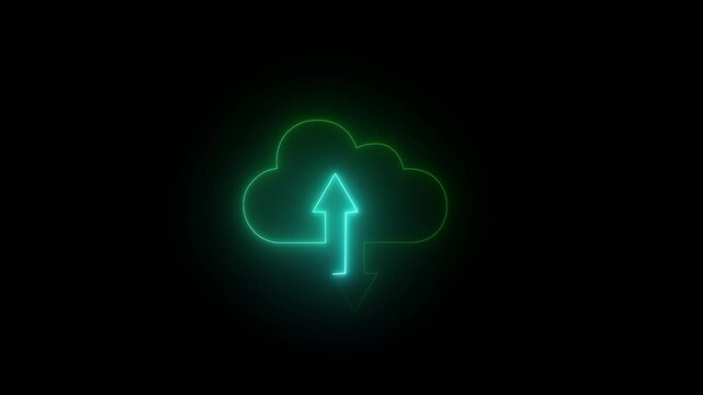 Cloud computing glowing neon Downloading .Neon cloud icon animation, color flicker. Glowing neon cloud storage with arrows, Cloud computing glowing neon Downloading icon animation.Cloud computing .4k