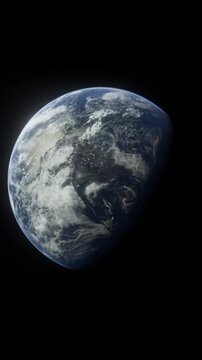 Earth globe from space with day and night terminator line visible and thin atmosphere rim glowing against black background