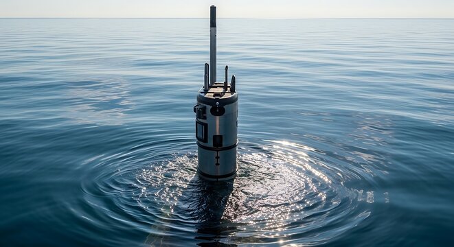 Metallic submarine periscope surfacing in the calm blue ocean
