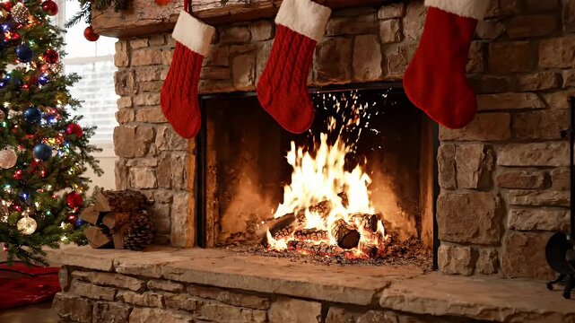 Cozy Christmas Fireplace with Stockings and Tree - A warm and inviting stone fireplace crackles with a roaring fire, adorned with festive red stockings hung on the mantle.