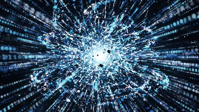 Abstract Digital Glitch Explosion with Light Trails - A central explosion of fragmented digital pieces morphs into streaks of blue and white light, creating an abstract representation of data flow or