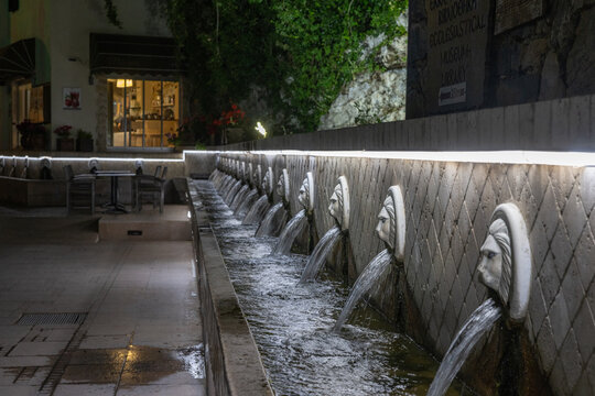 The lions fountain in the center of Spili on the island Crete, Greece.