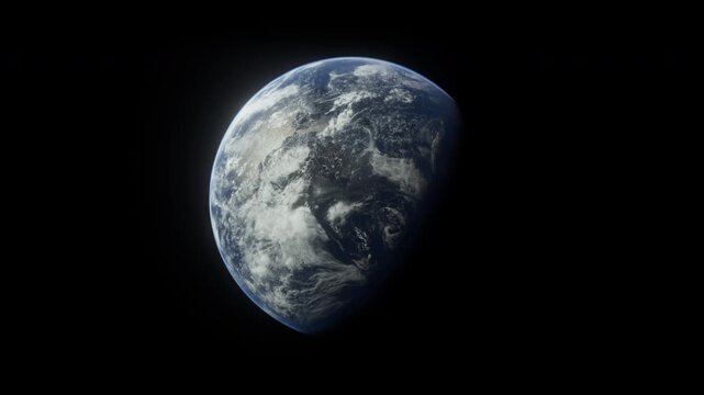 Earth globe in crescent phase positioned toward lower right of wide frame with day and night terminator arc visible