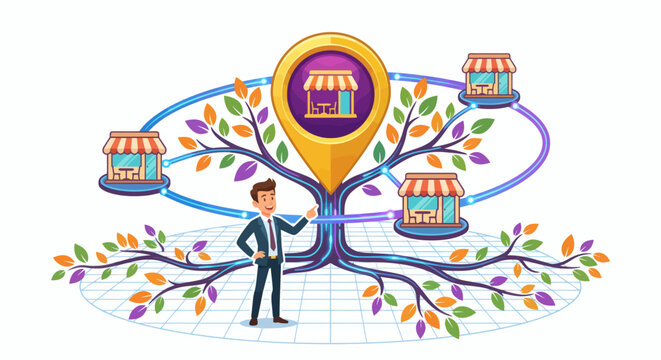 Flat illustration of businessman managing retail franchise network and store location pins