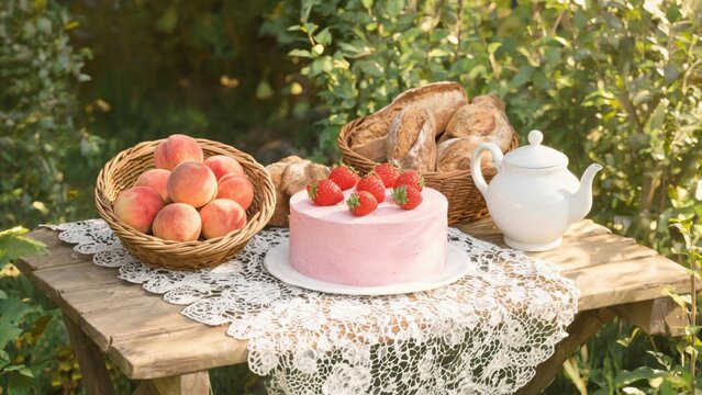 Outdoor dessert setup with cake fruit and bread
