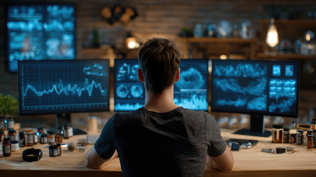 Biohacker analyzing personal physiological data on multiple screens, optimizing human performance, health, and cognitive function through advanced self tracking and experimentation