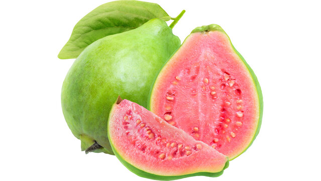 Fresh pink guava fruit cut in half with green leaves on transparent background tropical isolated background nutrition vegetarian