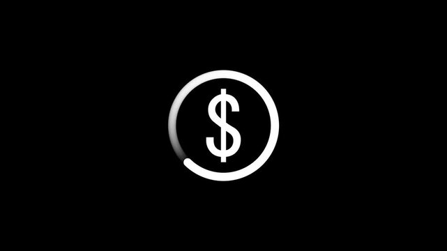 Minimalist loading animation featuring white glowing dollar sign symbol inside spinning circular progress bar element isolated on black background for financial concept.