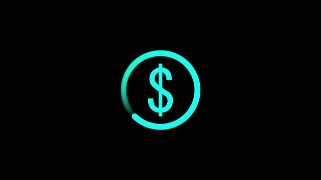 Cyan dollar sign animation with glowing circular loading ring on black background showing digital currency processing finance transaction and money motion graphics.