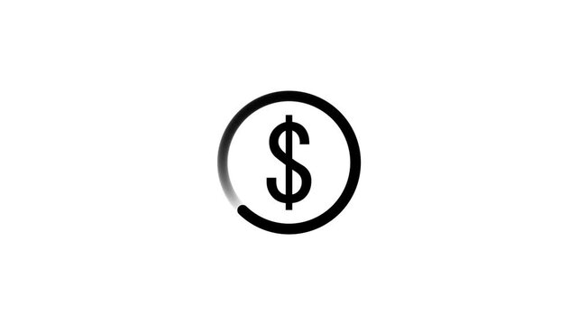 Minimalist digital dollar sign icon with circular loading progress bar animation black stroke on clean white background seamless loop motion design graphic element.