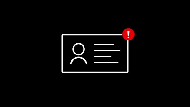 Profile identity card icon animation with red exclamation mark notification on black background symbolizing account warning security alert and verification status.