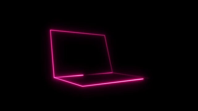 Neon laptop outline glows with pink light on black background digital animation abstract technology concept modern business motion graphics glowing computer symbol.