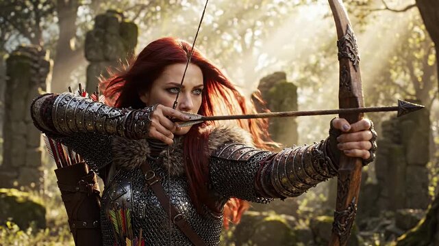 Female Warrior Aiming Bow in Forest - A close-up portrait of a fierce female warrior with long red hair and striking blue eyes draws her bow, ready to fire an arrow.
