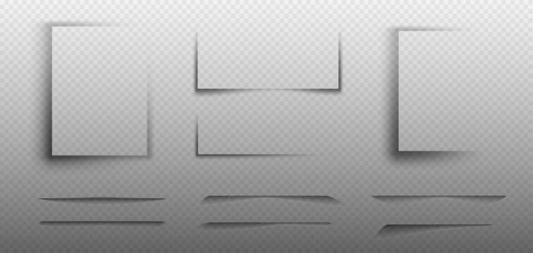 Set of realistic square shadow, divider lines, shadow strips and shadow effect. Poster, flyer, business card, banner shadow collection. Vector shadows isolated on transparent background