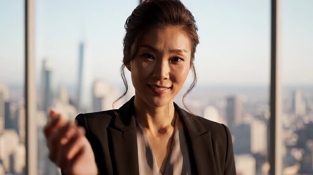 Confident Woman Offers Welcome in Office with City View - A professional East Asian woman in a suit smiles and extends her hand in a welcoming gesture, with a blurred city skyline visible through a