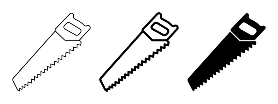 Hand Saw Icons Set, Vector Graphics for Woodworking and DIY Projects, Simple Outline and Solid Black Styles