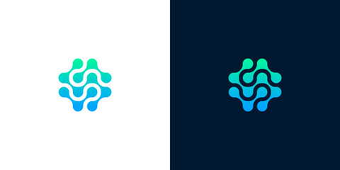 Abstract technology connection logo icon with blue and green gradient network nodes, presented on light and dark backgrounds © Eunois