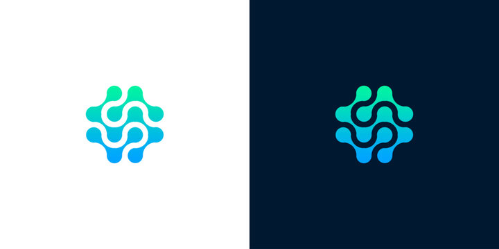 Abstract technology connection logo icon with blue and green gradient network nodes, presented on light and dark backgrounds