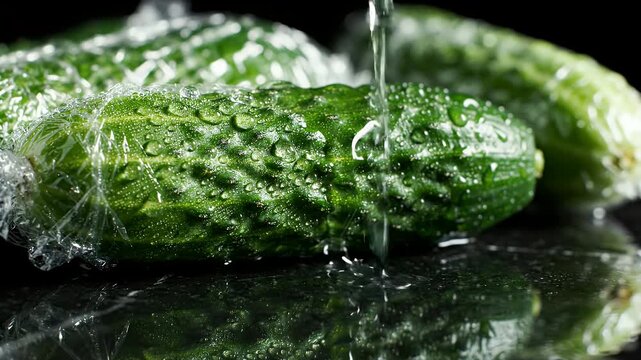 Fresh Cucumbers Wrapped in Cellophane with Water Drops - Several fresh cucumbers are wrapped tightly in clear cellophane, glistening with numerous water droplets.