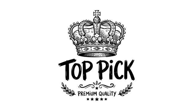 Detailed hand drawn royal crown illustration featuring top pick text and premium quality laurel wreath elements presented in a clean black ink style on transparent background
