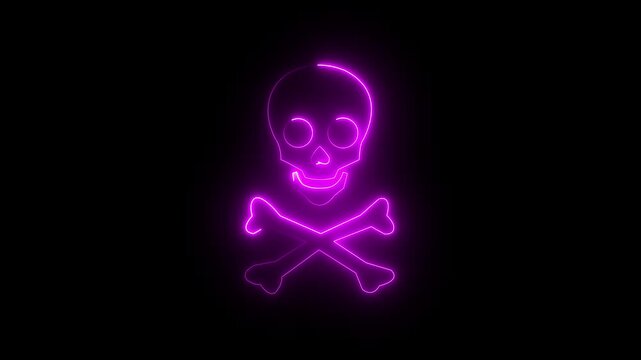 Neon skull crossbones icon animation, slow blink. Glowing neon jolly roger sign, looped slow flashing animation. Neon Hard Danger Background Animation. Danger icon made of neon light Pirate skull .