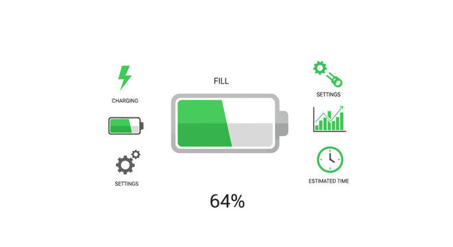 Battery Charge Indicator with Icons: Settings, Charging, Statistics, Time