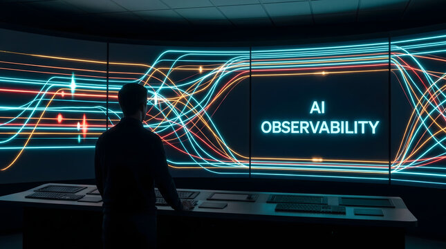Man in dark room looking at large screen displaying AI Observability with colorful data streams