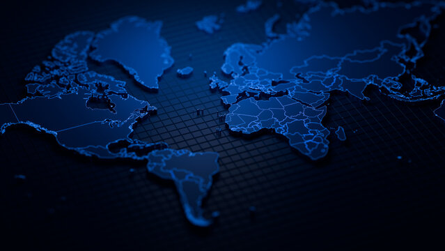 Futuristic Digital World Map Glowing Blue Cyber Geography Concept Business Data Visualization Globe Projection Grid Pattern Tech Network Connectivity Global 3d Render background