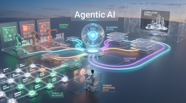 Agentic AI system with robotic arms, parallel workers, and human approval gate