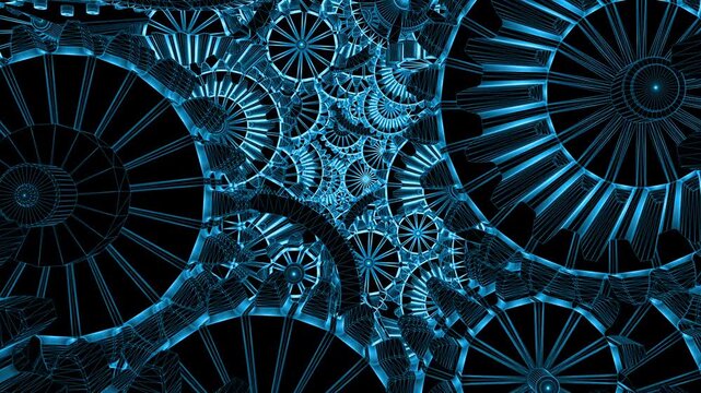 Blue glowing wireframe gear mechanism with multiple interlocking cog wheel structures filling wide horizontal frame against black background
