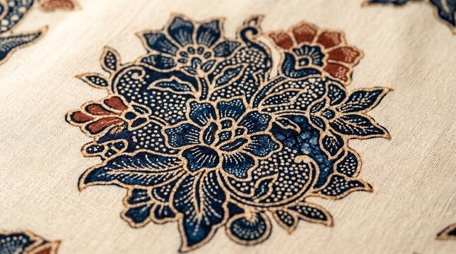 Traditional Indonesian Batik Floral Motif Close-up on Beige Fabric, Authentic Cultural Textile Design with Elegant Blue and Brown Pattern for Fashion and Heritage Concept