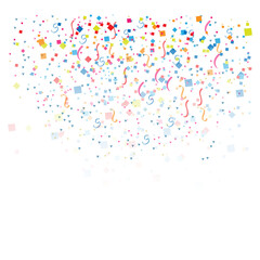 Colorful confetti and ribbons falling down on white background for celebration decoration  festive party supplies transparent background © AbstractZone