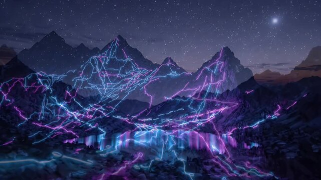 Neon Trails on Mountain Peaks at Twilight - A dramatic twilight sky serves as a backdrop for rugged mountain peaks illuminated by vibrant, winding neon lines in electric blue and magenta.
