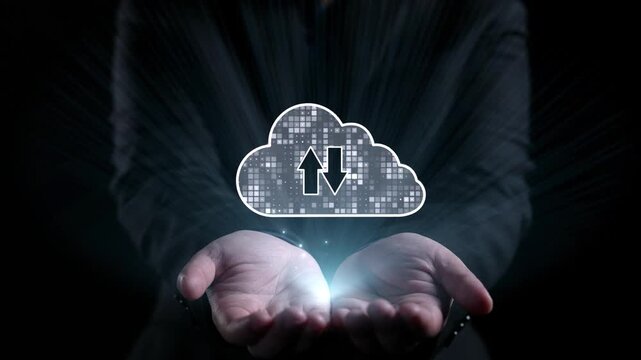 A visual representation of cloud computing featuring hands holding a cloud icon with arrows, symbolizing data transfer and highlighting modern storage solutions. Qubit