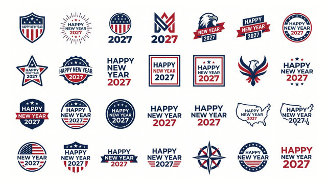 Assorted happy new year 2027 patriotic badge and sticker designs with united states flag motifs and star shapes american patriotic celebration patriotism illustration collection