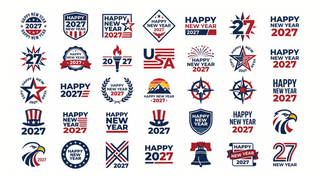 Set of happy new year 2027 badge and emblem designs featuring american national symbols like eagle liberty bell and usa flag american patriotic celebration patriotism illustration