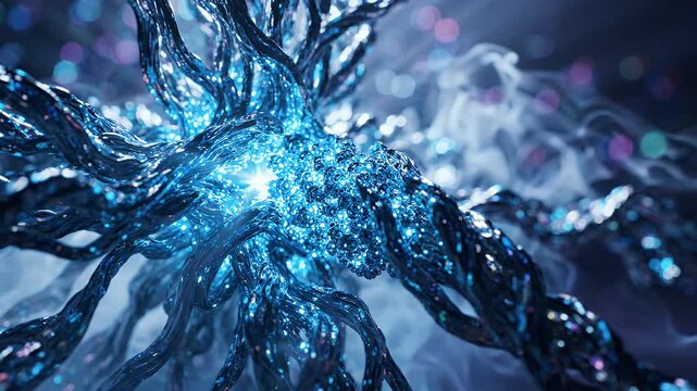 Intricate Glowing Sci-Fi Structure in Ethereal Mist - A detailed, close-up view of an intricate, glowing structure with metallic, braided tendrils emanating from a bright blue core.