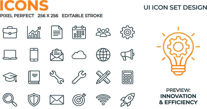 Business and Marketing Line Icon Set with Innovation Lightbulb for Corporate Websites, Mobile Apps, Development, Strategy, and Creative UI UX Designs